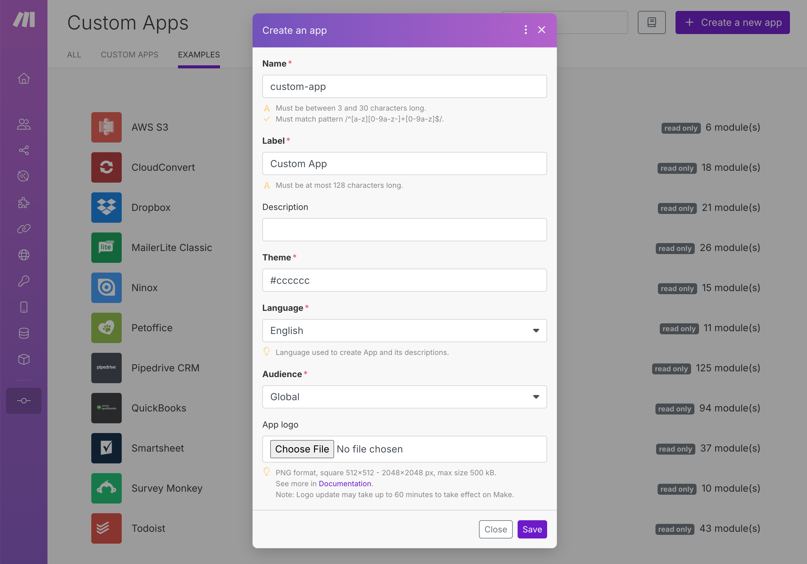 Launch [own application] on Make platform